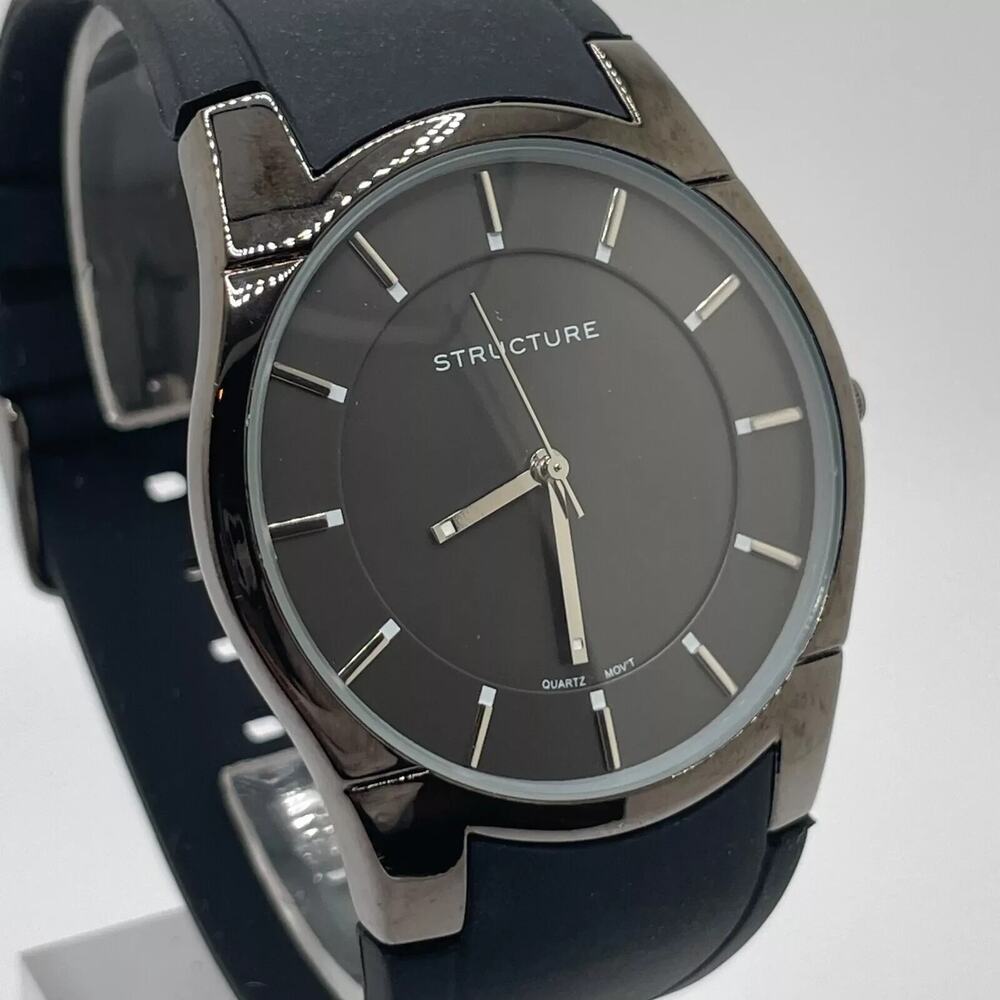 Mens Watch Structure 42mm Gray Tone Case Black Resin Band Quartz Analog W/Box